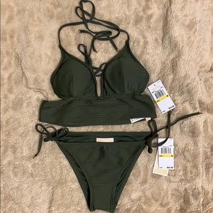 Olive green swimsuit.